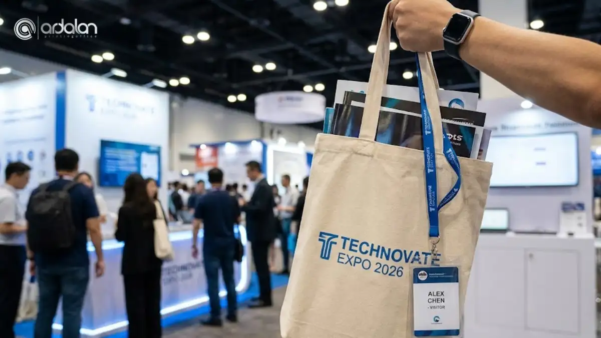 نمونه پک هدیه تبلیغاتی نمایشگاهی شامل ساک دستی پارچه‌ای و بند گردن‌آویز برندینگ شده